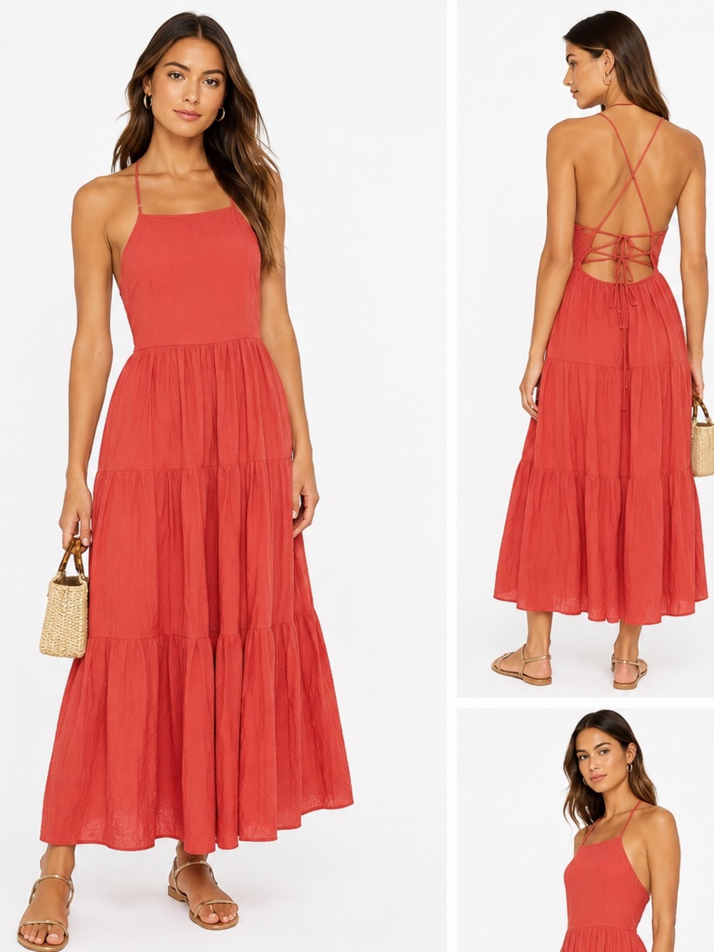Re:named Tie-Back Halter Dress Elegant Coral Maxi open back tiered